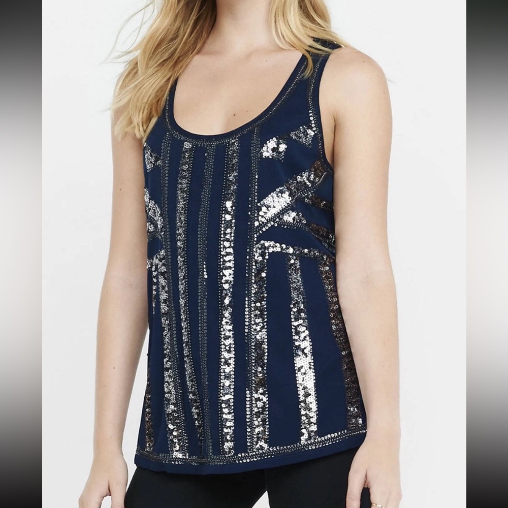 Express Navy Glam Tank Top Luxe Silver sparkle Sequins Luxury Date Night M